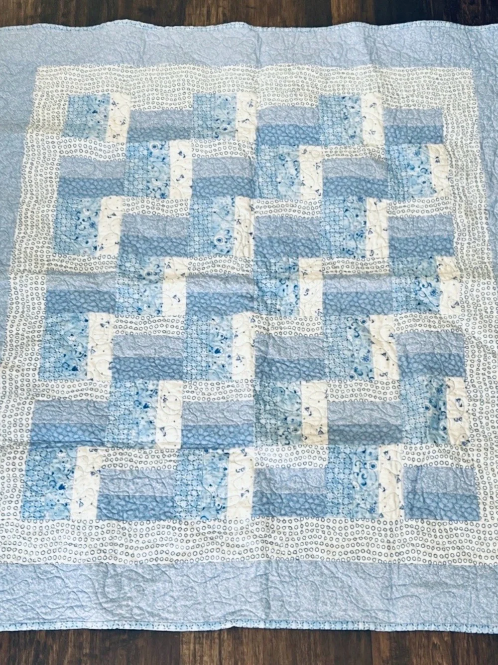 Patchwork Crib Quilt, Hand Made, Blue & White - Baby Decor